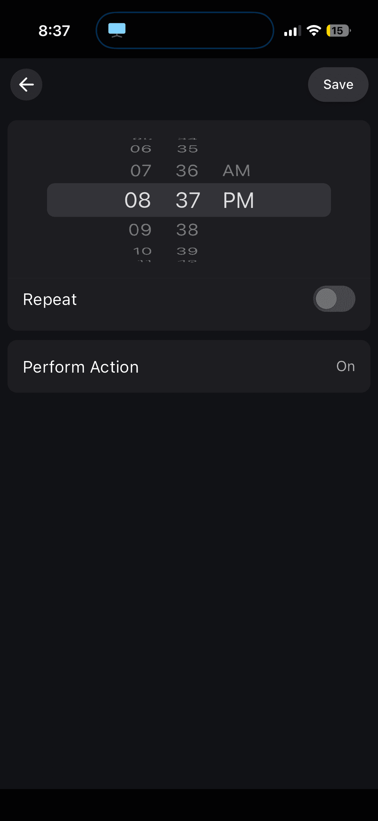 Time scheduling screen in the app